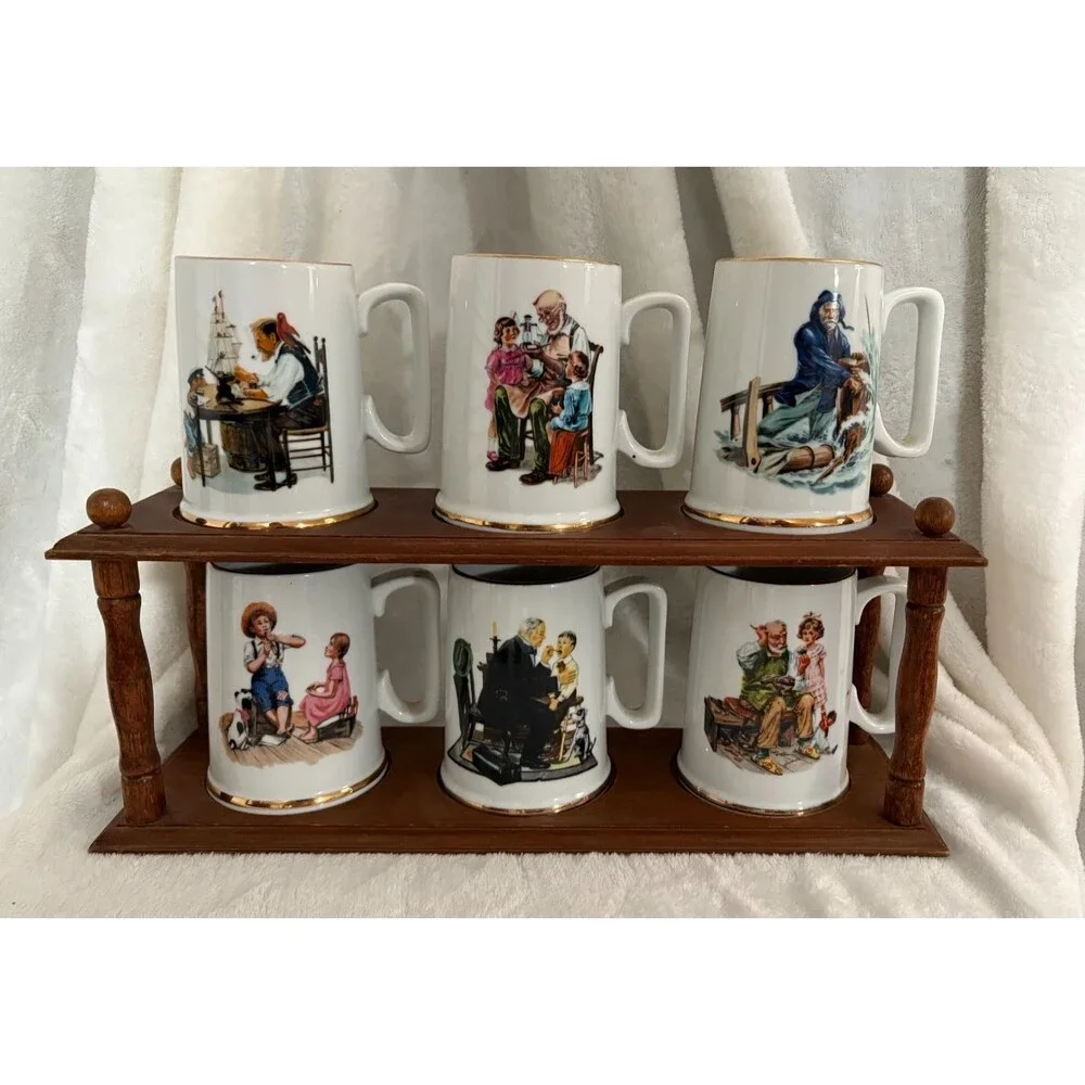 Vintage Norman Rockwell 1985-86 Mugs & Wooden Holder